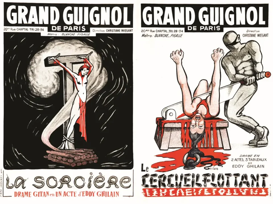 Lot de 2 Affiches de Grand Guignol de Paris : La Sorcière & Le Cerceuil Flottant 1961 - Lot de 2 Affiches de Grand Guignol de Paris : La Sorcière & Le Cerceuil Flottant 1961