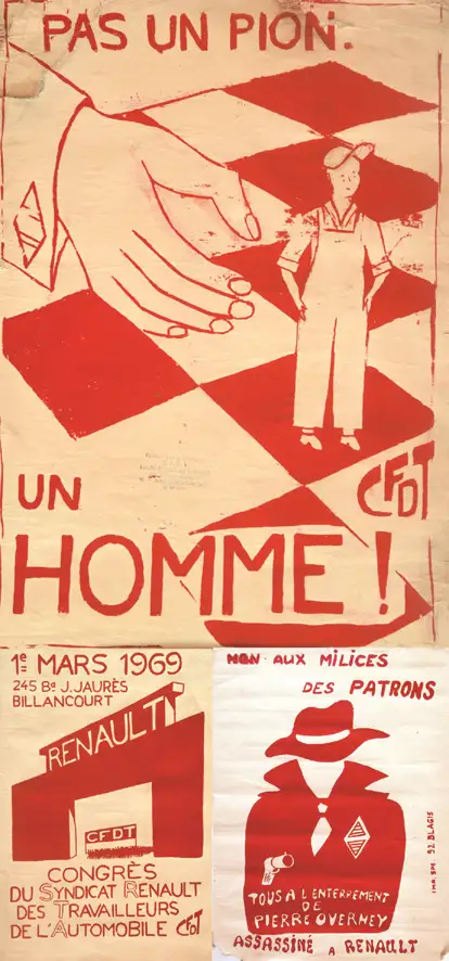 Lot de 3 aff sur Renault : 1 er Mars 1969 – Non aux Milices patronales – Pas un pion 1969 & vers 1970 - Lot de 3 aff sur Renault : 1 er Mars 1969 - Non aux Milices patronales - Pas un pion 1969 & vers 1970