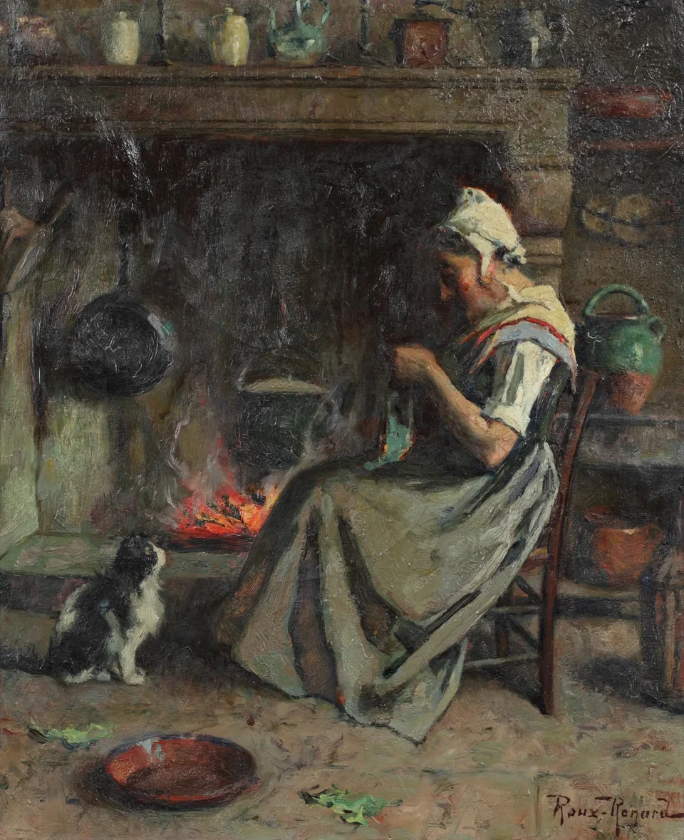 Comtadine devant l’âtre avec son chat - Antonin ROUX-RENARD (1870-1936)