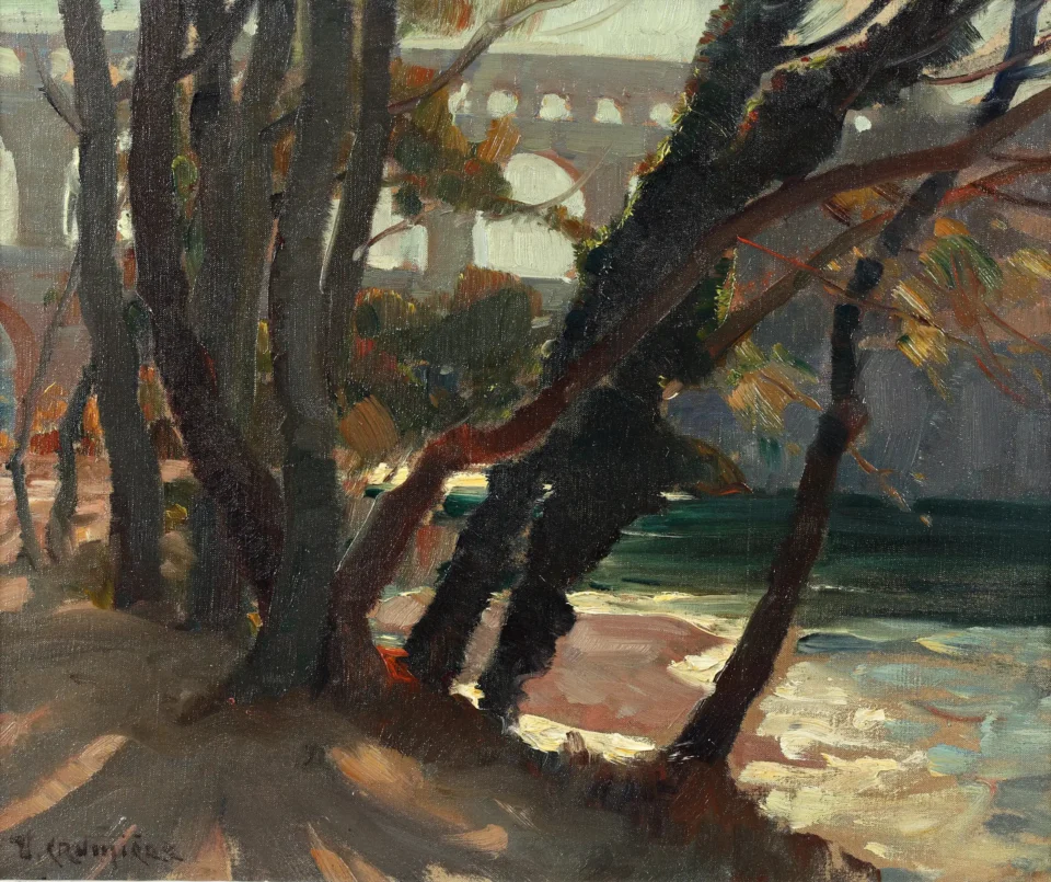 Le pont du Gard vu de derrière les arbres - Victor CRUMIERE (1895-1950)