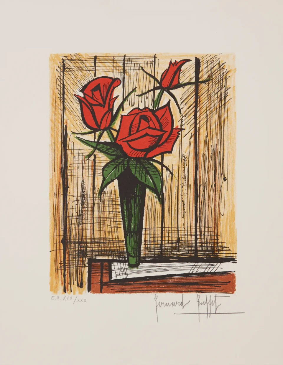 TROIS ROSES ROUGES - BUFFET Bernard (1928-1999)