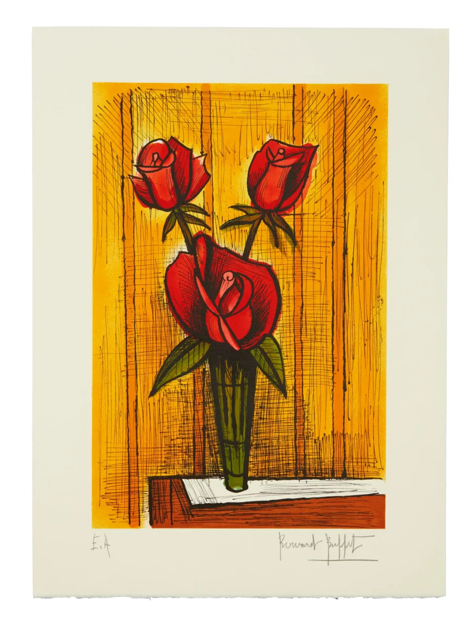 Roses rouges sur fond orange - BUFFET Bernard (1928-1999)