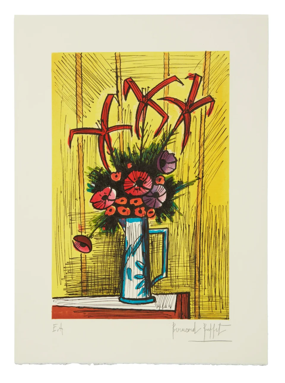 Bouquet au vase bleu fond jaune - BUFFET Bernard (1928-1999)