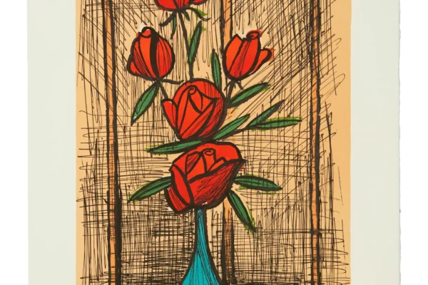 Bouquet de cinq roses au vase bleu - BUFFET Bernard (1928-1999)