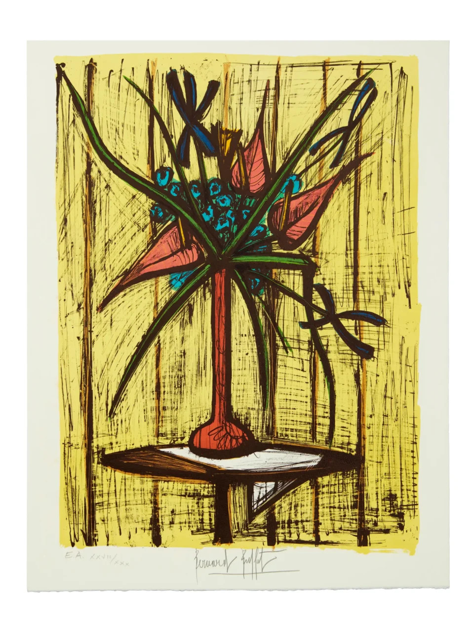 Athuriums et iris vase rouge - BUFFET Bernard (1928-1999)