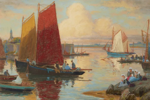 Concarneau, Finistère, le passage Lanriec, bateaux et pêcheurs au travail - Mathurin JANSSAUD (Manosque 1857-1940)