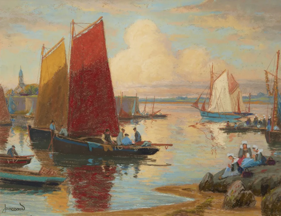 Concarneau, Finistère, le passage Lanriec, bateaux et pêcheurs au travail - Mathurin JANSSAUD (Manosque 1857-1940)