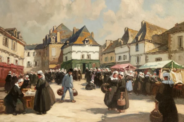 Place de marché à Quimper - Henri BARNOIN (Paris 1882 - 1935)