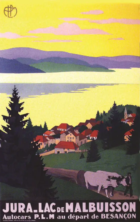 Jura – Lac de Malbuisson Autocars P.L.M. au départ de Besançon. – Affiche Encadrée, vers 1930 - BRODERS Roger (1883-1957)