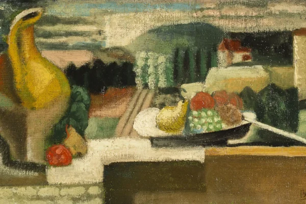 Cruche, fruits et pipe sur un mur, village, circa 1918 - Roger BISSIERE  (Villereal 1886 - Boussierette 1964) <br>