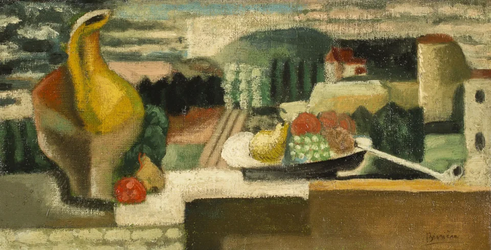 Cruche, fruits et pipe sur un mur, village, circa 1918 - Roger BISSIERE  (Villereal 1886 - Boussierette 1964) <br>