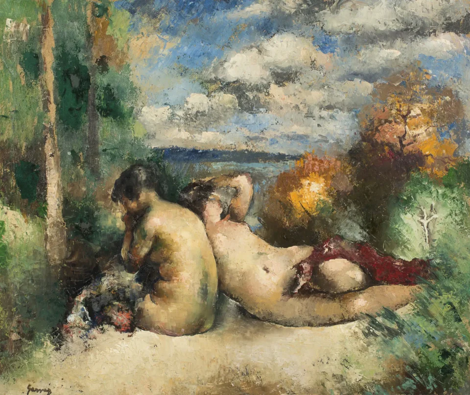 Deux femmes dans un paysage - Paul-Elie GERNEZ (Valenciennes 1888 - 1948) <br>