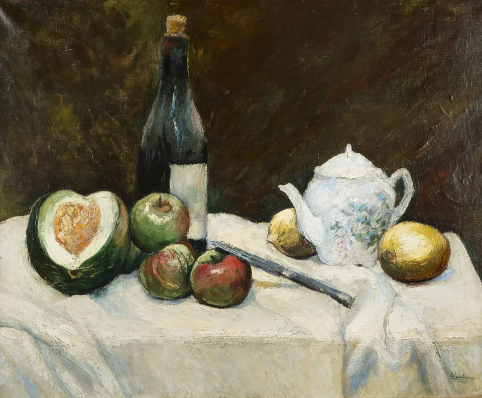 Nature morte aux fruits et à la bouteille - Abraham WEINBAUM (Kamenez- Podolski 1880 - mort en déportation en 1943) <br>