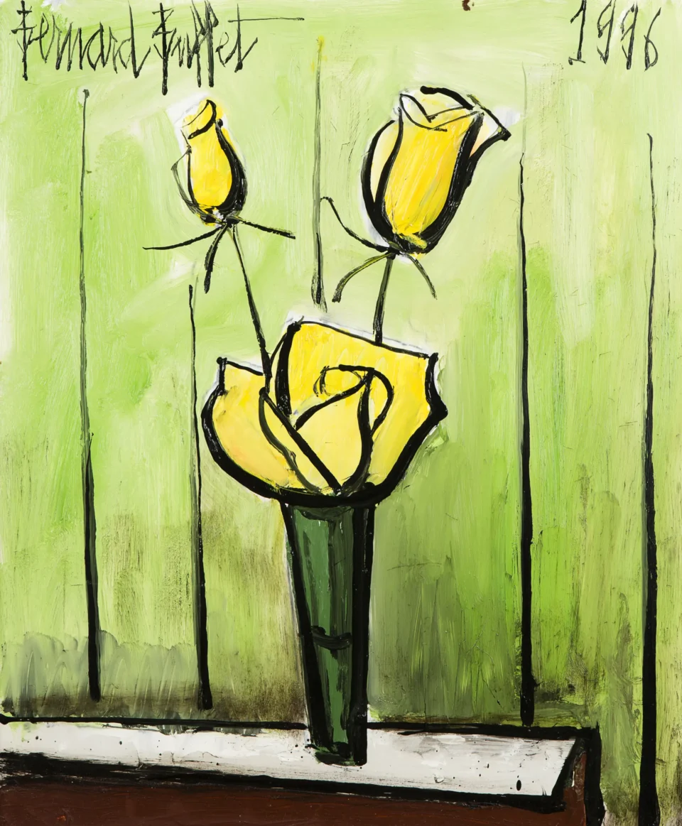 Roses jaunes fond vert - Bernard BUFFET (Paris 1928-Tourtour1999) <br>