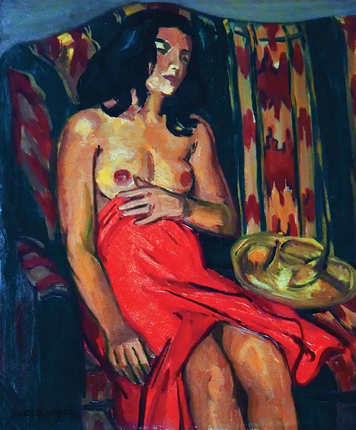 Nu à la Draperie Rouge Hst de Yves Brayer - BRAYER YVES