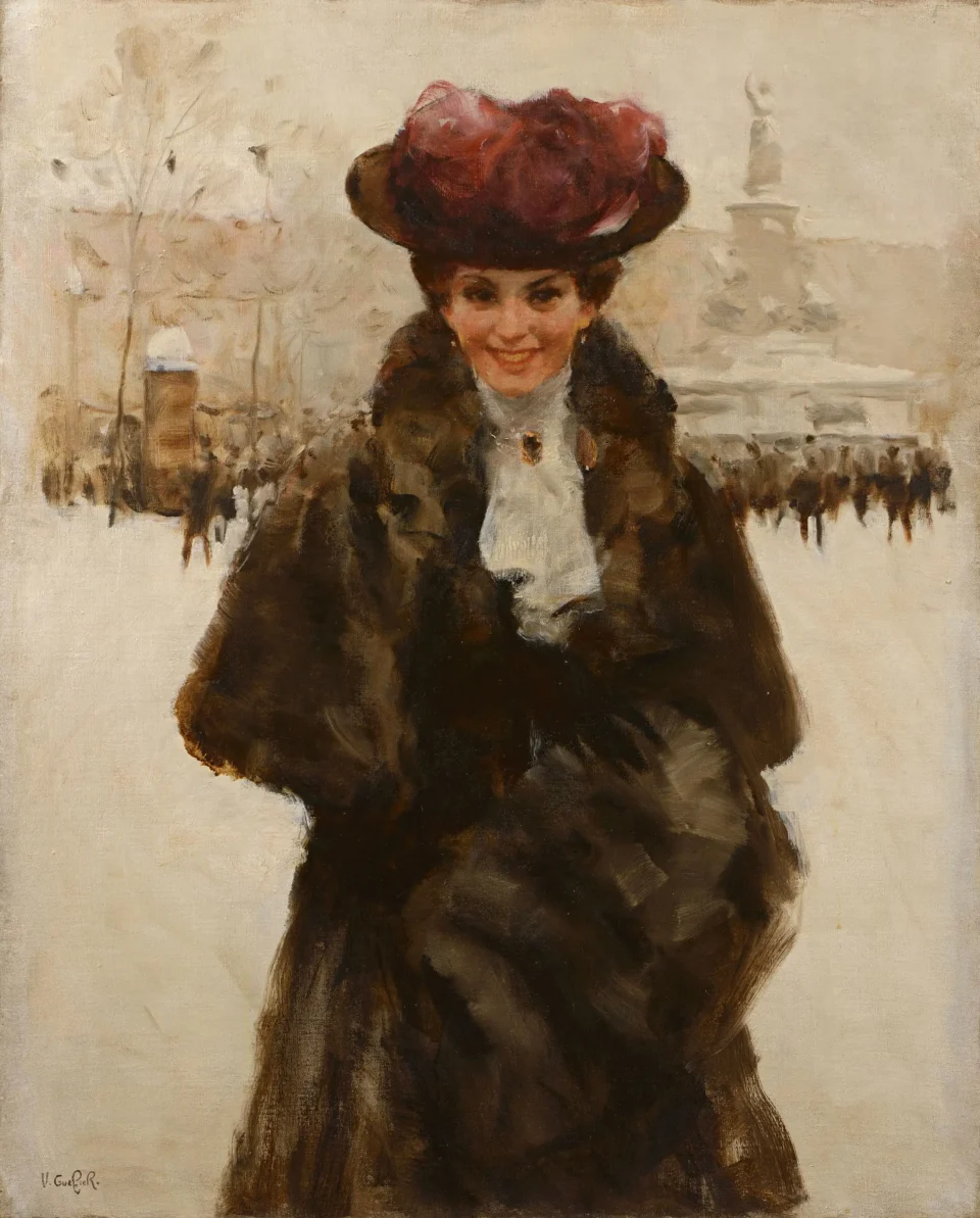 Femme au manteau de fourrure sur la Place de la République - Victor GUERRIER (1893 - 1968)