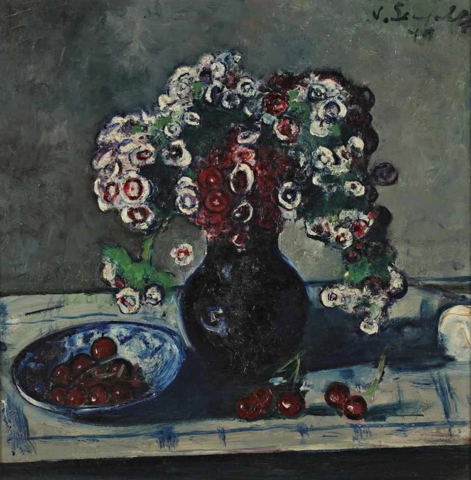 Bouquet d’oeillets de poète et assiette de cerises, 1949 - Nicolas SINEZOUBOFF (1891-1956)