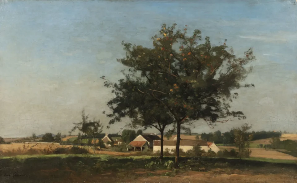 Arbre en fleur devant le hameau en été - Eugène LAVIELLE (Paris 1820 - 1889)