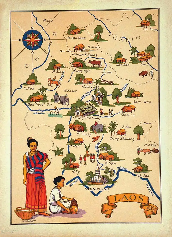 Laos  Carte Illustrée vers 1950 - Laos  Carte Illustrée vers 1950