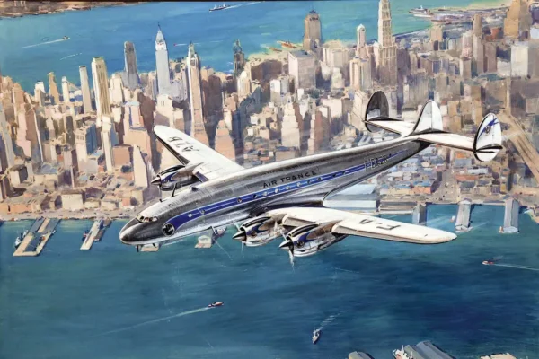 Air France Constellation au dessus de New York Gouache de Raymond Gide signée au dos vers 1950 - LANGELLE PAUL