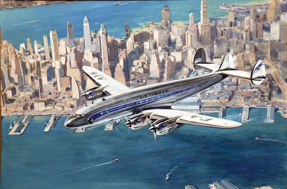 Air France Constellation au dessus de New York Gouache de Raymond Gide signée au dos vers 1950 - LANGELLE PAUL