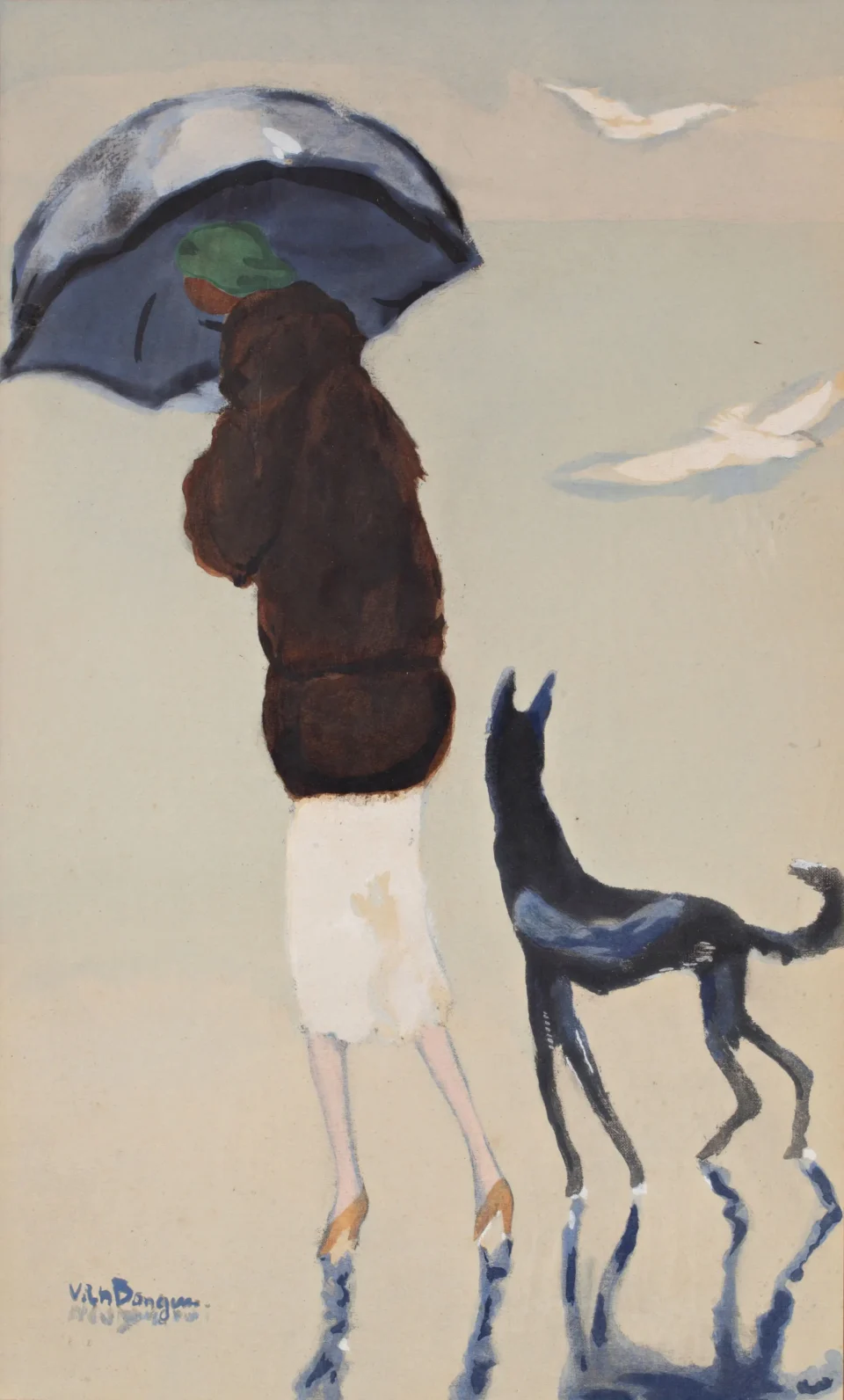 Jeune femme et son chien se promenant sur la plage. - Kees VAN DONGEN (1877-1968)