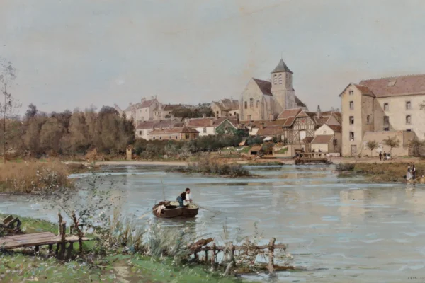 Paysage animé avec une barque devant une ville - Luigi LOIR (1845-1916)