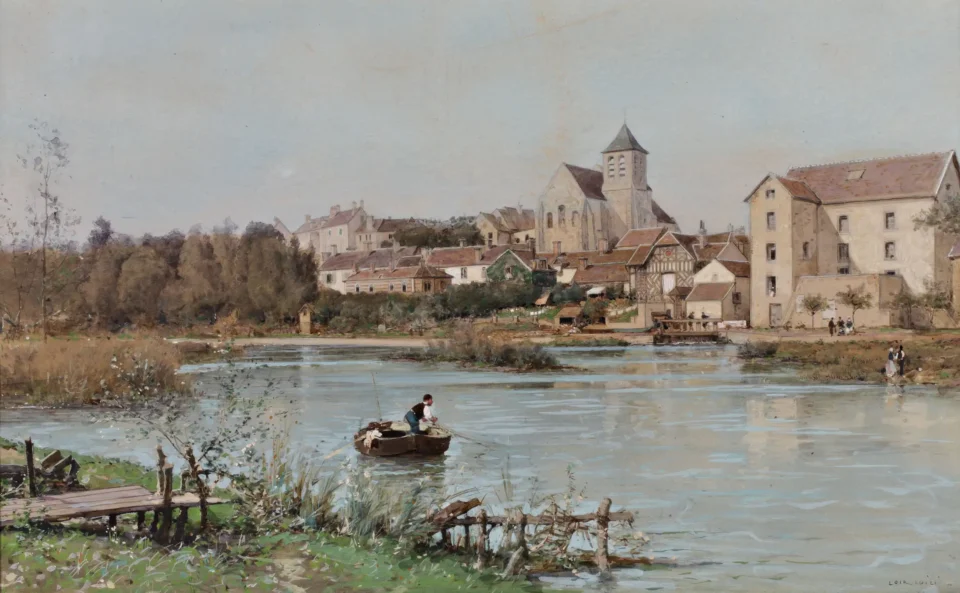 Paysage animé avec une barque devant une ville - Luigi LOIR (1845-1916)