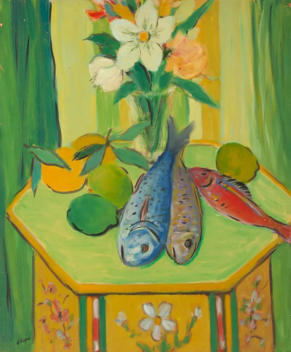 Composition au bouquet de fleurs et aux poissons - Gustave LINO  (Mulhouse 1893 - Alger 1961)