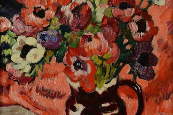 Bouquet d'anemones au fond rouge, circa 1918 - Louis VALTAT (1869-1952)