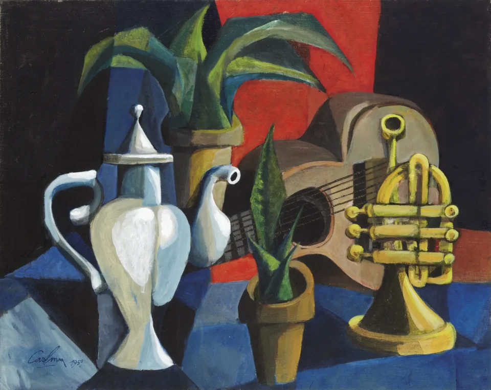 Théière, cactus et instruments de musique, 1959 - Jacques CARELMAN(1929-2012)