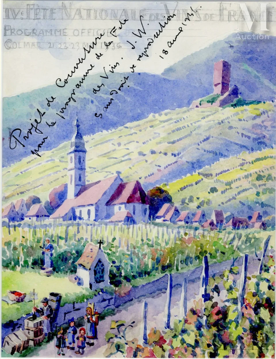 Vue de Katzenthal : projet de couverture pour le programme de la 4ème Fête Nationale des vins de France, Colmar, le 18 août 1936 - Jean-Jacques WALTZ dit HANSI (Colmar 1873-1951)