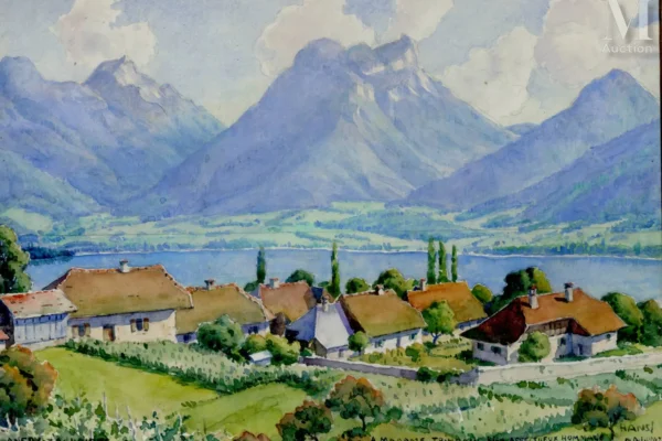 Vue du village d’Angon Talloires sur le lac d’Annecy - Jean-Jacques WALTZ dit HANSI (Colmar 1873-1951)