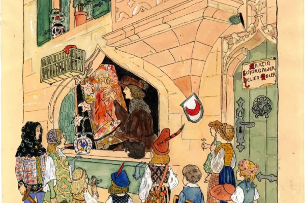 Illustration pour le livre « L’histoire d’Alsace » : « le peintre Shongauer peignant devant des enfants » - Jean-Jacques WALTZ dit HANSI (Colmar 1873-1951)