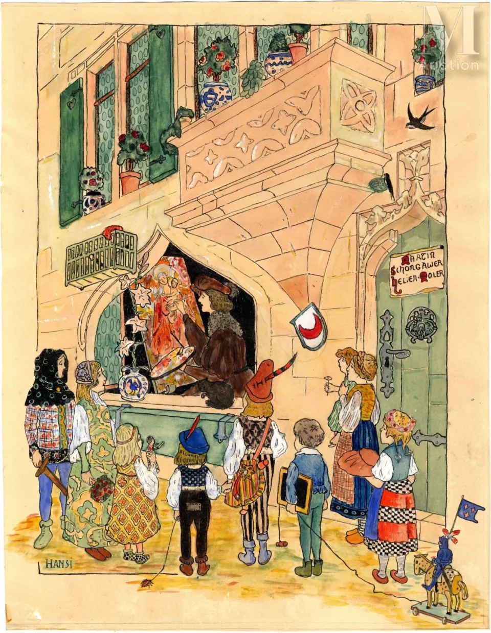 Illustration pour le livre « L’histoire d’Alsace » : « le peintre Shongauer peignant devant des enfants » - Jean-Jacques WALTZ dit HANSI (Colmar 1873-1951)