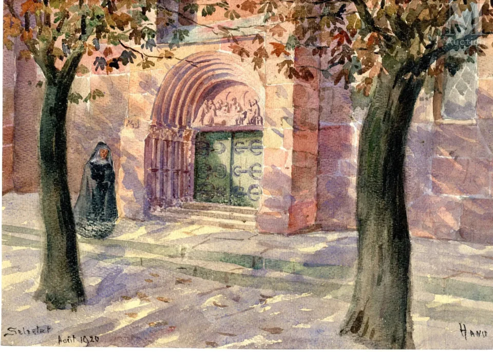 Vue animée de l’église saint Georges à Sélestat - Jean-Jacques WALTZ dit HANSI (Colmar 1873-1951)