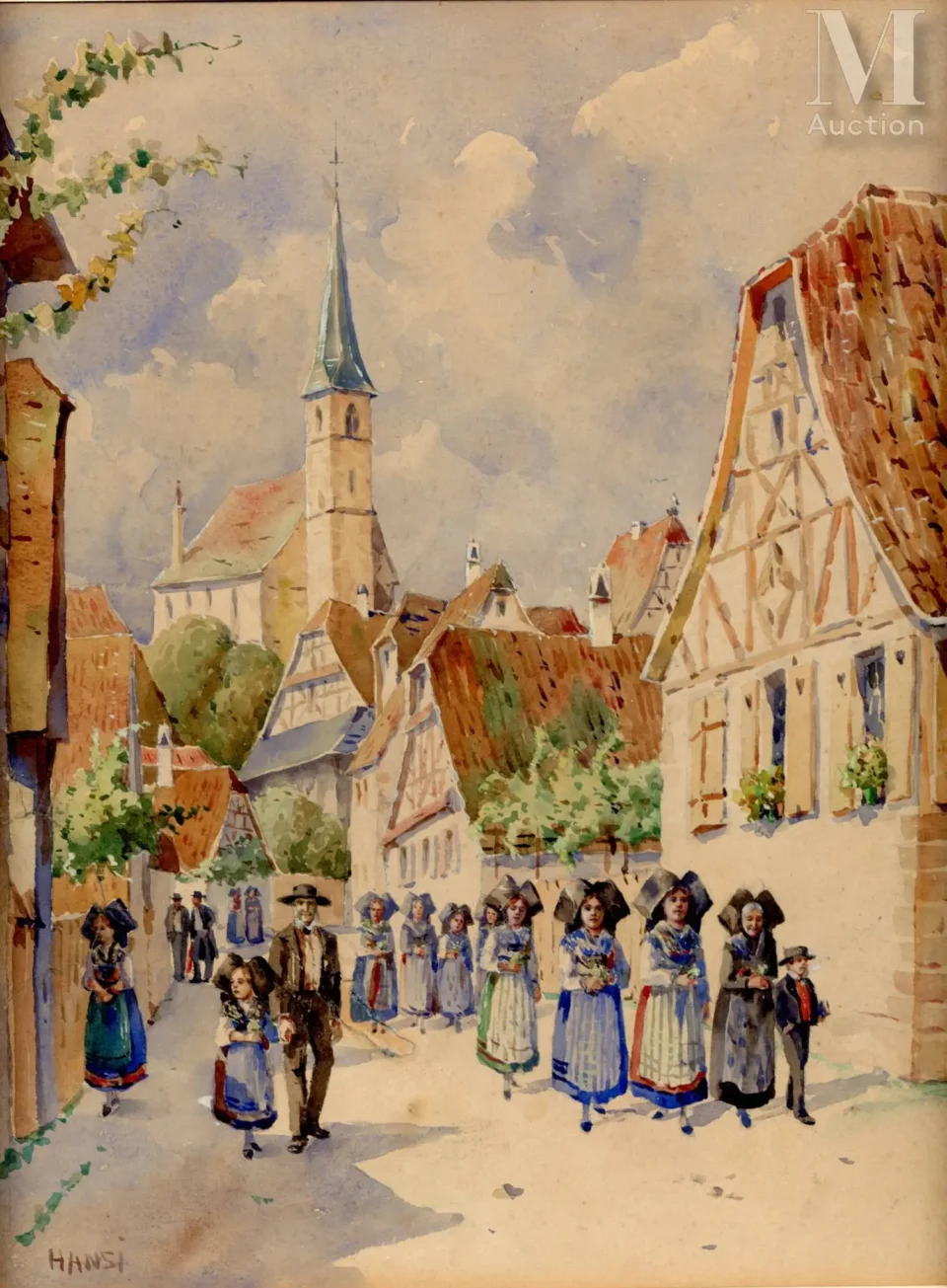 Le départ pour la messe dans un village du Bas-Rhin - Jean-Jacques WALTZ dit HANSI (Colmar 1873-1951)