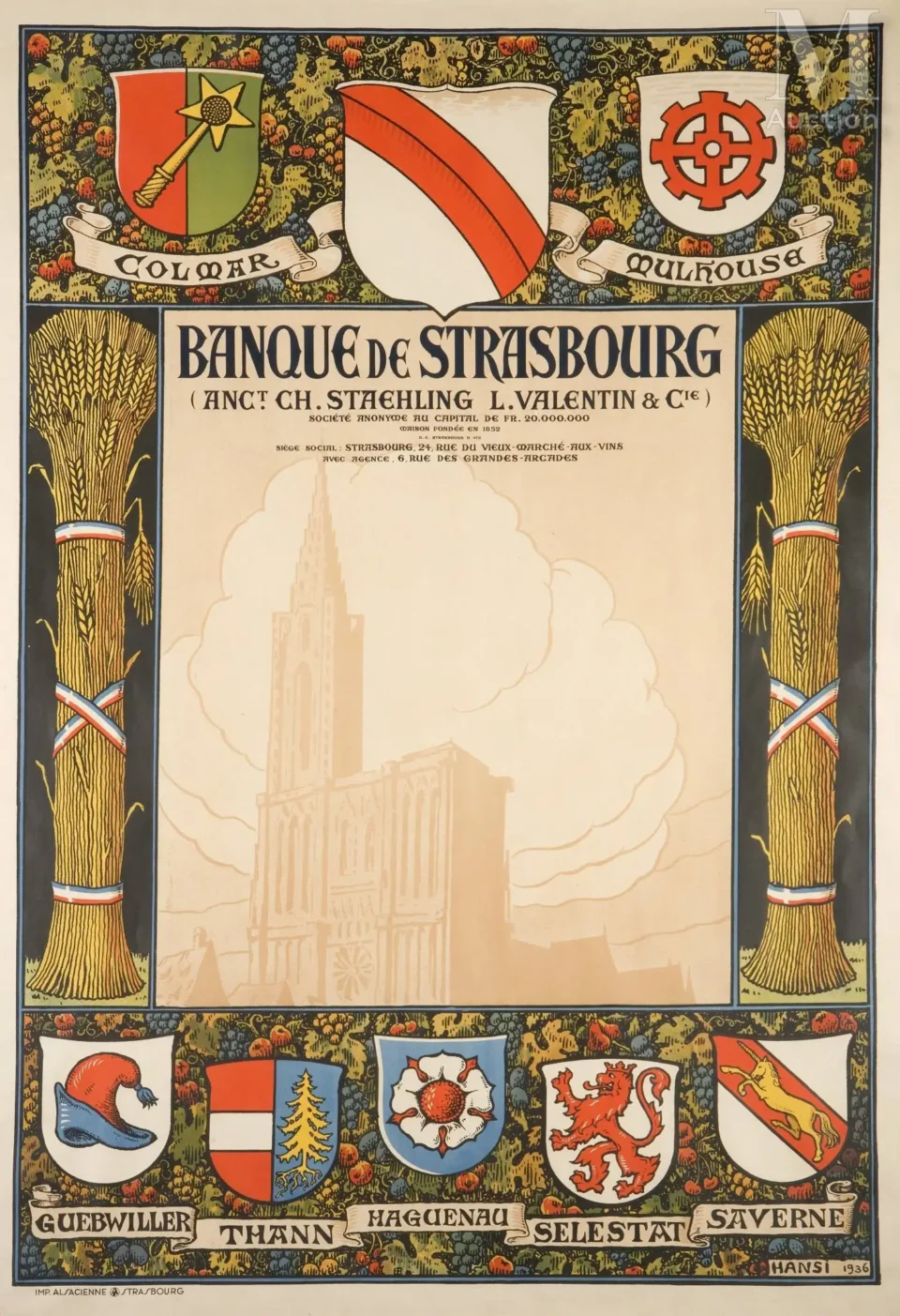 Affiche héraldique pour la banque de Strasbourg - Jean-Jacques WALTZ dit HANSI (Colmar 1873-1951)