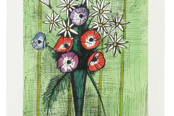 BOUQUET D’ ANEMONES ET MARGUERITES SUR FOND VERT - Bernard BUFFET (1928-1999)