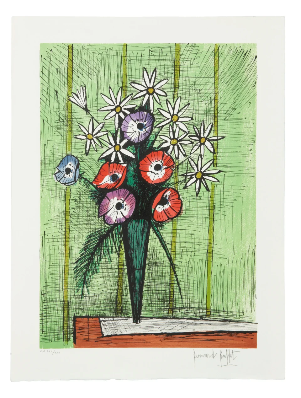 BOUQUET D’ ANEMONES ET MARGUERITES SUR FOND VERT - Bernard BUFFET (1928-1999)