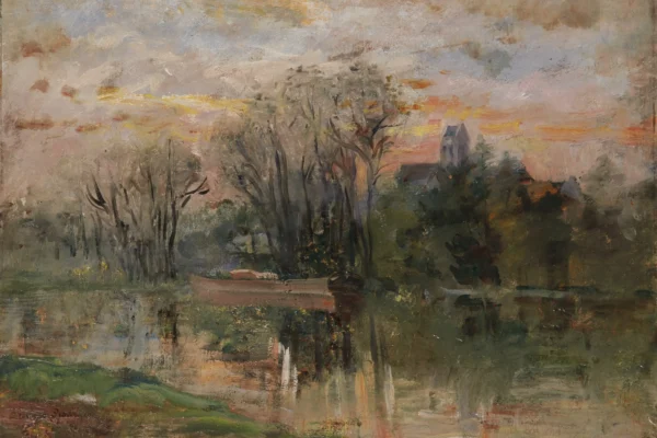 Bords de l'oise, clocher d'Auvers sur Oise - Pauline E. Léonide BOURGES (1838-1910)