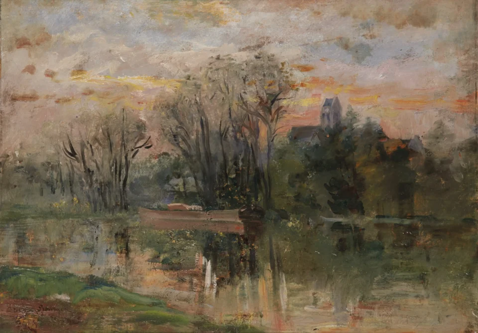 Bords de l’oise, clocher d’Auvers sur Oise - Pauline E. Léonide BOURGES (1838-1910)