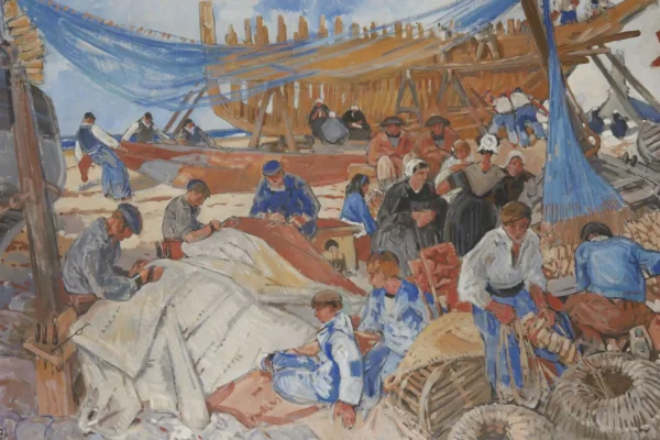 Pêcheurs remaillant les filets et bateaux au carrenage - Mathurin MEHEUT (Lamballe 1882 - Paris 1958)