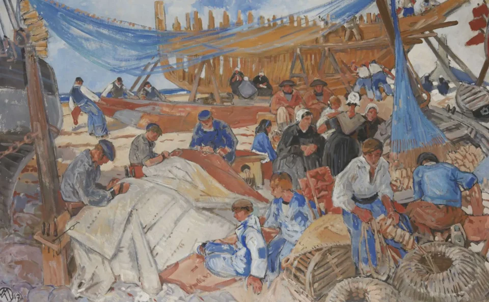 Pêcheurs remaillant les filets et bateaux au carrenage - Mathurin MEHEUT (Lamballe 1882 - Paris 1958)